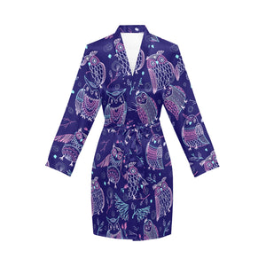 Cute owls pattern boho style ornament Women's Long Sleeve Belted Night Robe