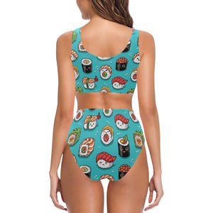 Cute sushi pattern Chest Bowknot High Waisted Bikini Swimsuit