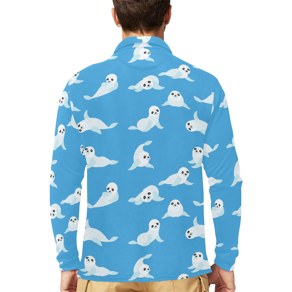 Cute sea lion seal pattern background Men's Long Sleeve Polo Shirt