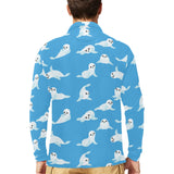 Cute sea lion seal pattern background Men's Long Sleeve Polo Shirt