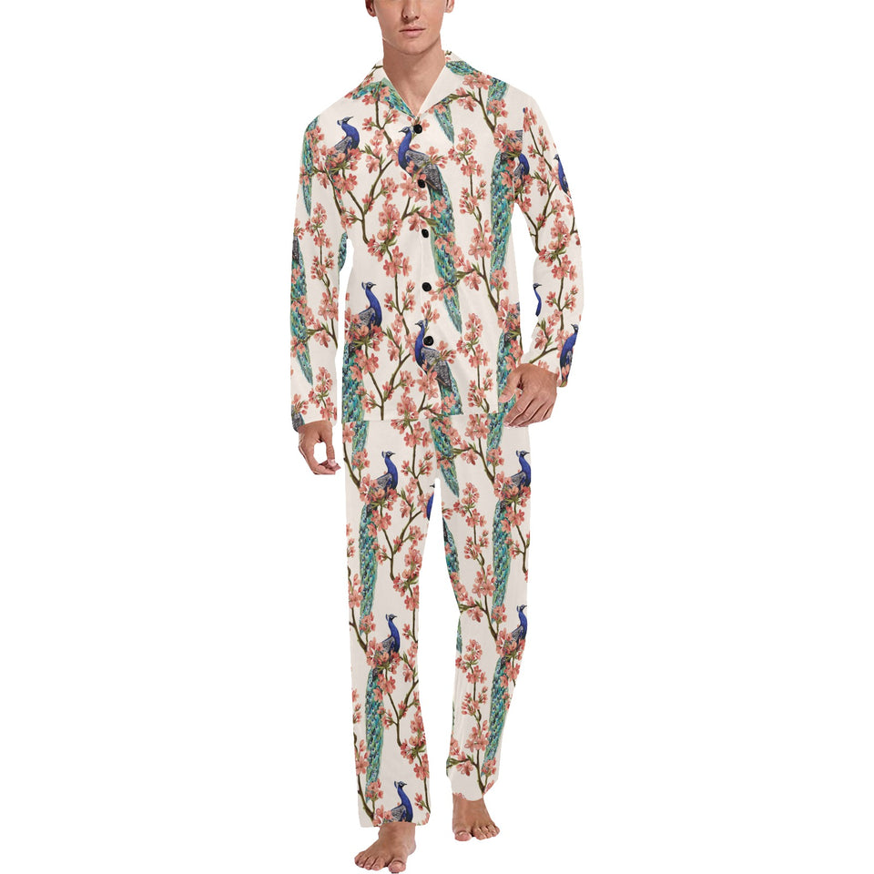Peacock tropical flower pattern Men's Long Pajama Set