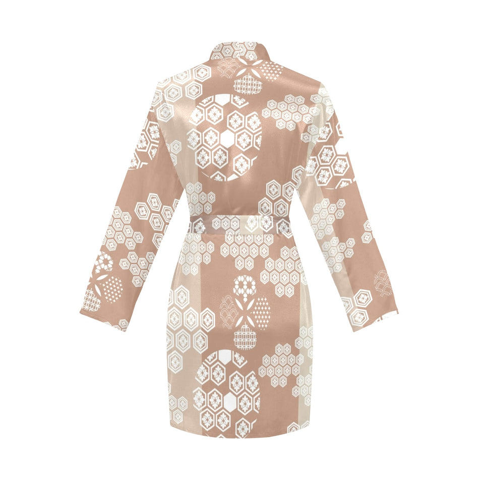 Beautiful hexagon japanese pattern Women's Long Sleeve Belted Night Robe