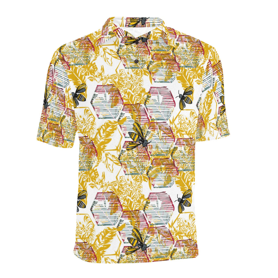Cool Bee honeycomb leaves pattern Men's All Over Print Polo Shirt