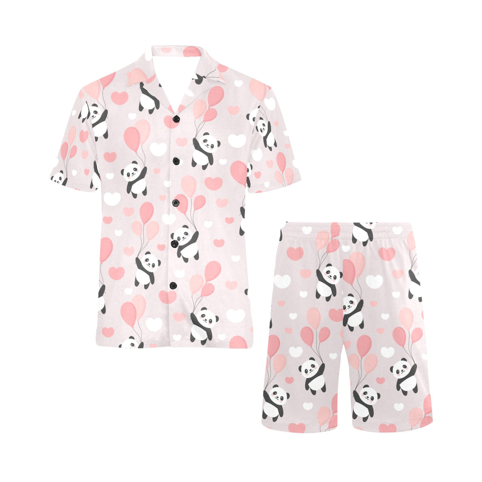 Cute panda ballon heart pattern Men's V-Neck Short Pajama Set