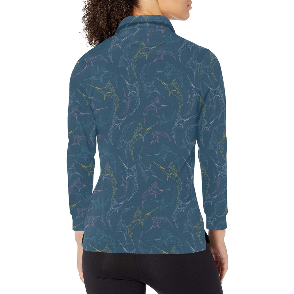 Swordfish Pattern Print Design 02 Women's Long Sleeve Polo Shirt