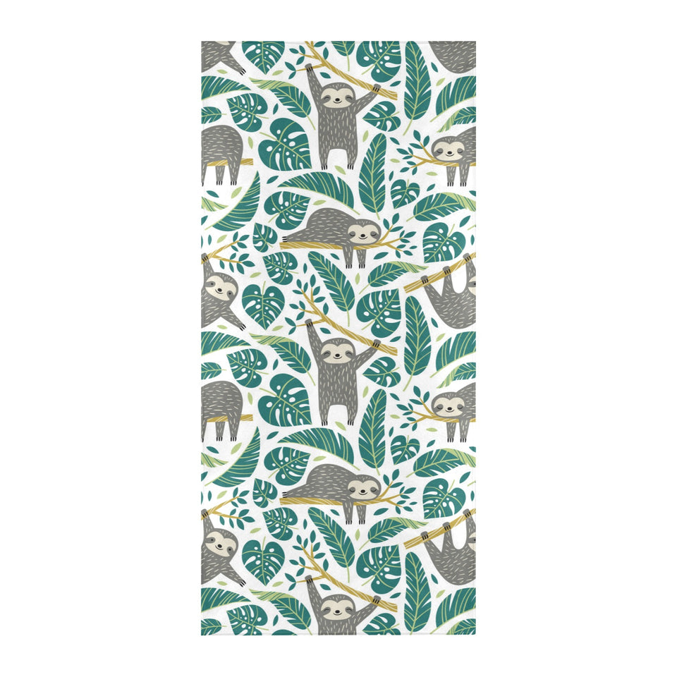 Cute sloths tropical palm leaves white background Beach Towel