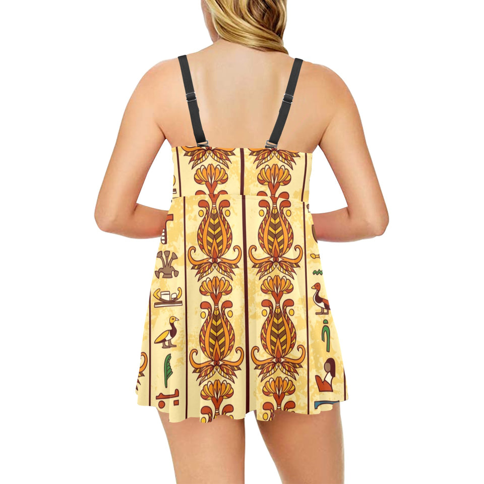 Egypt Hieroglyphics Pattern Print Design 04 Chest Sexy Pleated Two Piece Swim Dress