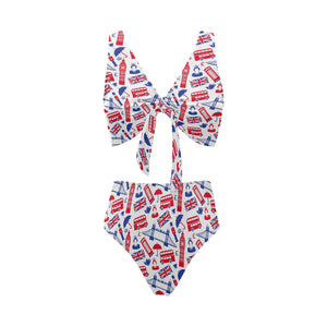 British Pattern Print Design 01 Chest Bowknot High Waisted Bikini Swimsuit