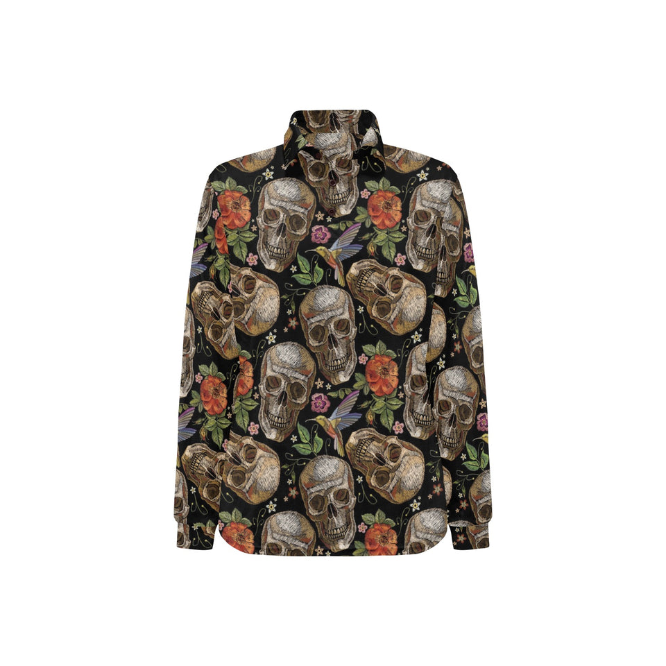 Skull rose humming bird flower pattern Women's Long Sleeve Polo Shirt