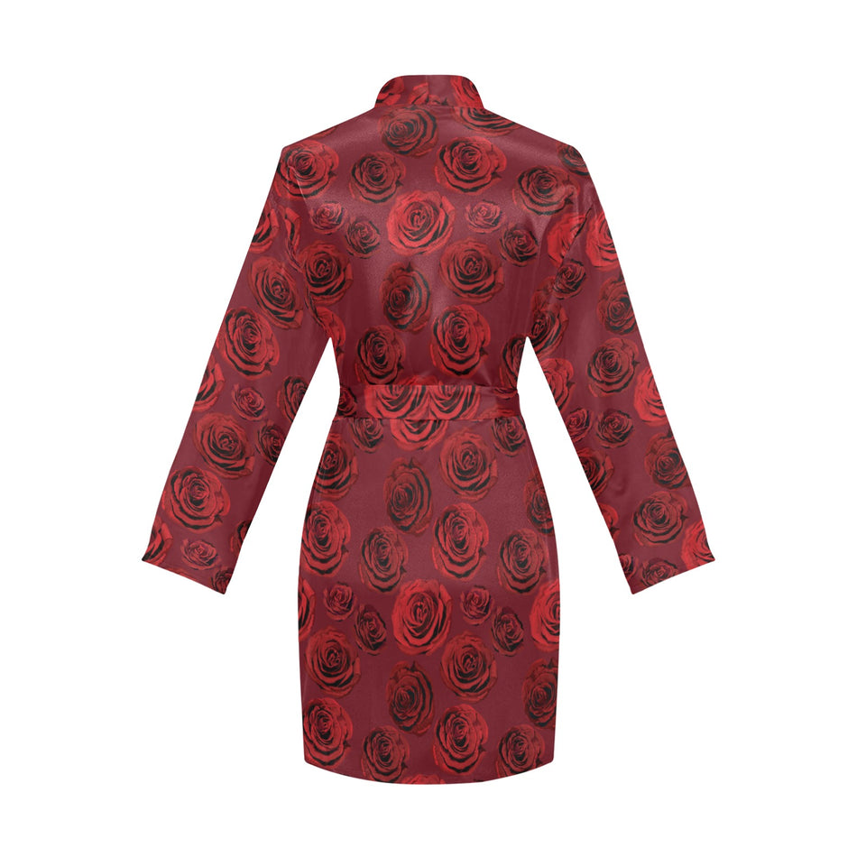 Rose Pattern Print Design 03 Women's Long Sleeve Belted Night Robe