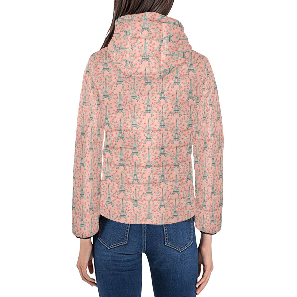 Eiffel Tower Flower Pattern Design 03 Women's Padded Hooded Jacket