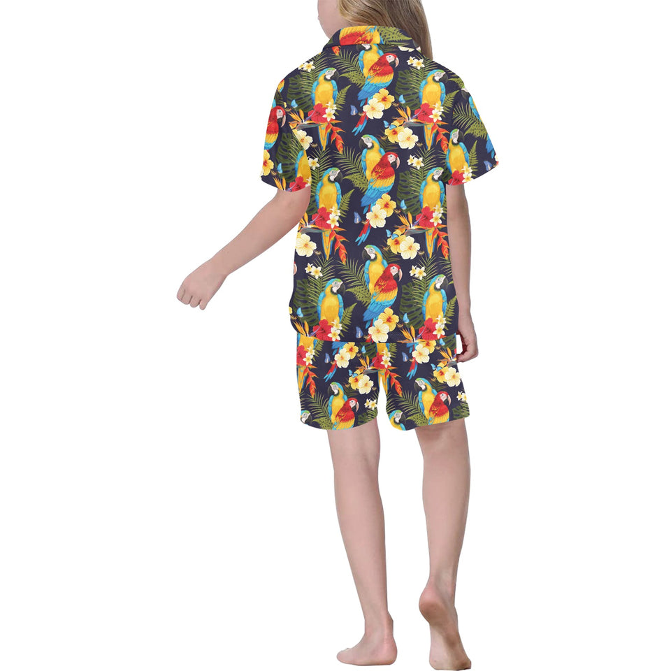 Colorful parrot flower pattern Kids' Boys' Girls' V-Neck Short Pajama Set
