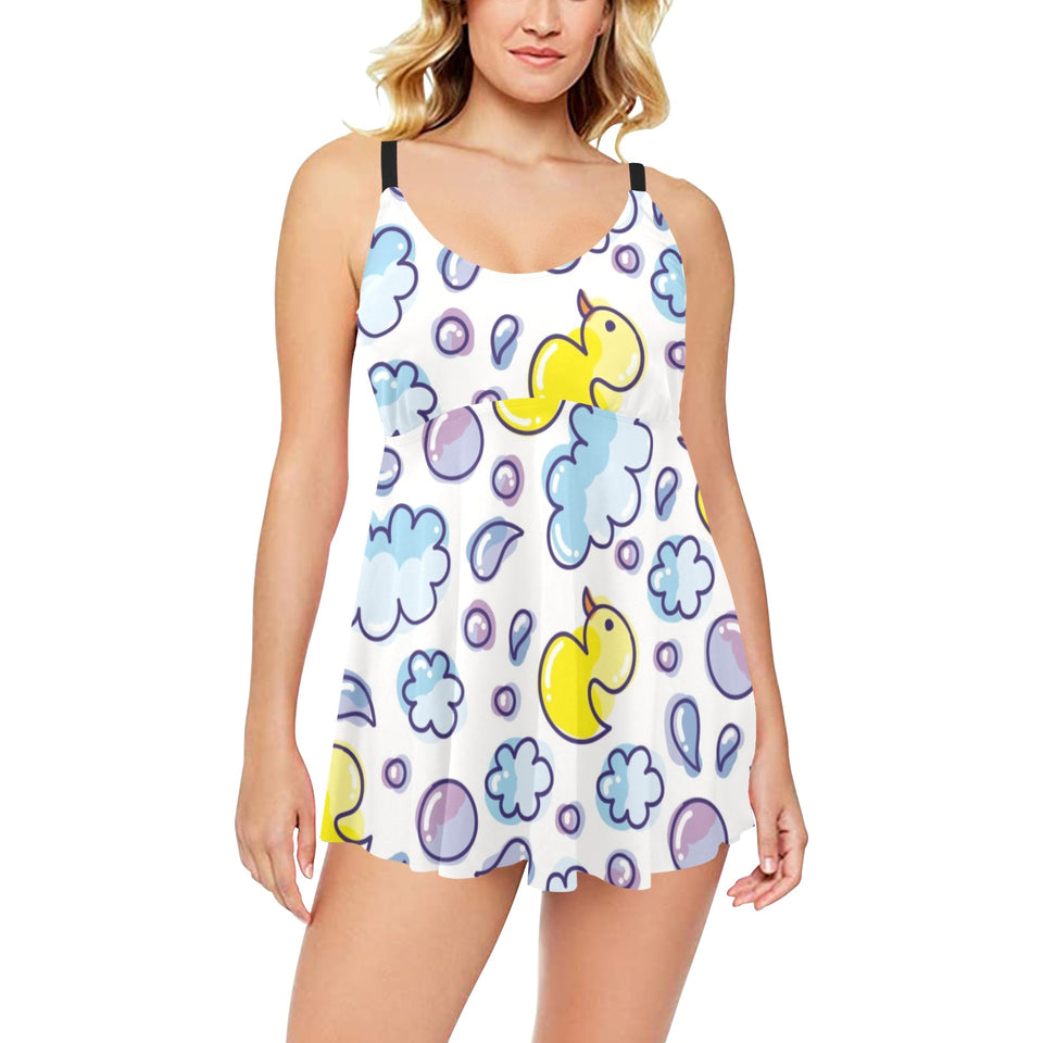 Duck Pattern Print Design 01 Chest Sexy Pleated Two Piece Swim Dress