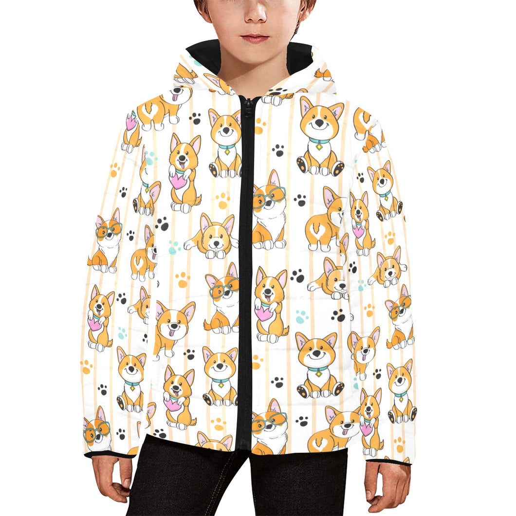 Cute dog corgi striped background pattern Kids' Boys' Girls' Padded Hooded Jacket