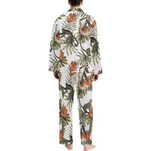 Monkey red hibiscus flower palm leaves floral patt Men's Long Pajama Set