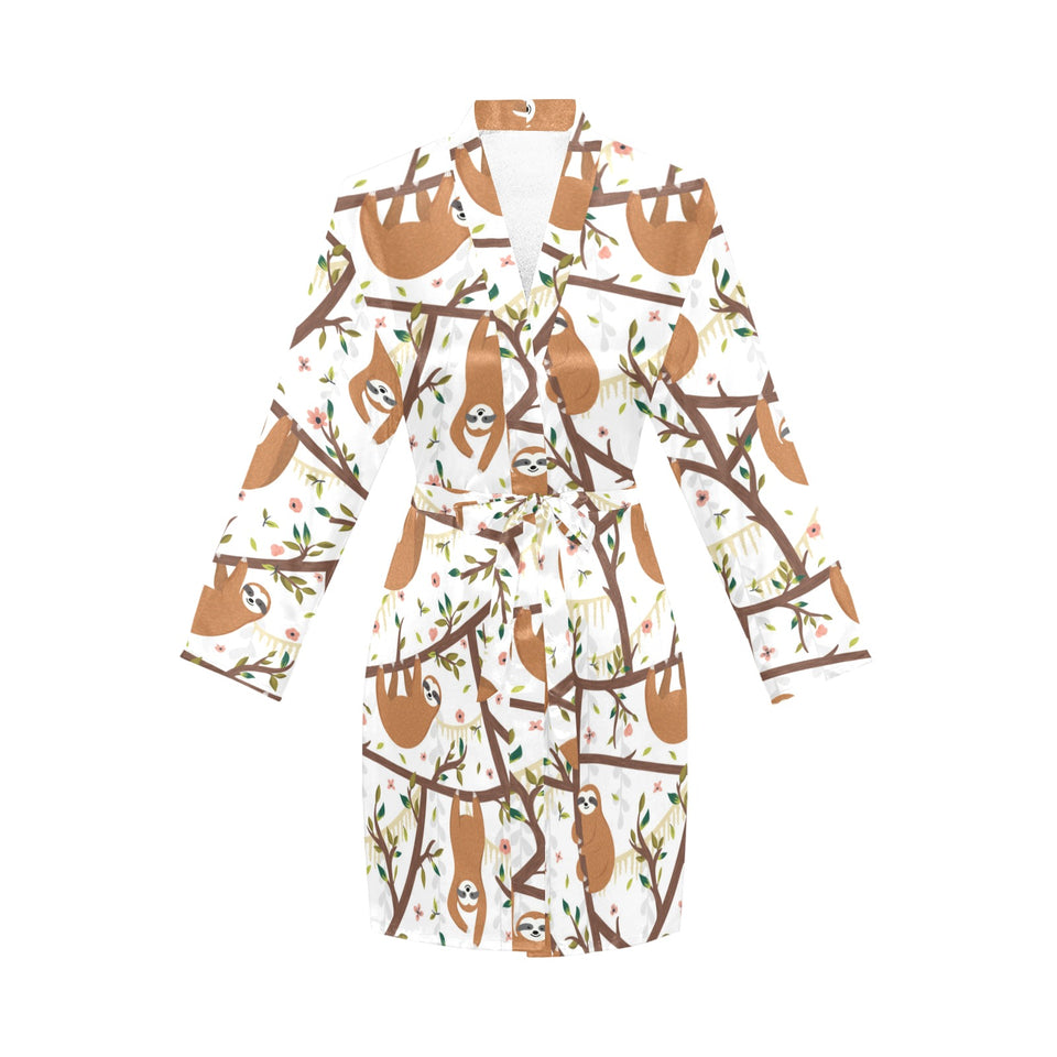 Sloths hanging on the tree pattern Women's Long Sleeve Belted Night Robe