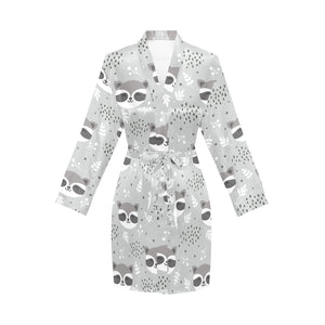 Cute raccoons leaves dot Women's Long Sleeve Belted Night Robe