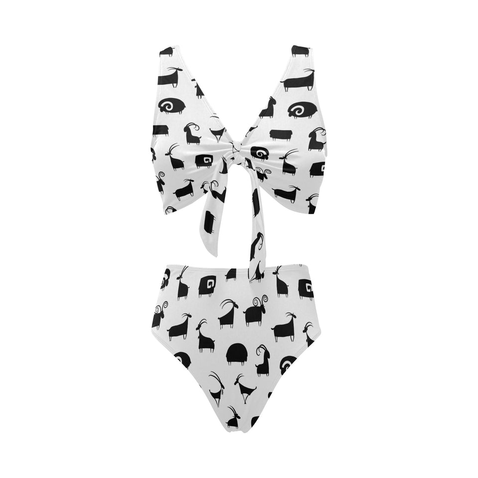 Goat ram pattern Chest Bowknot High Waisted Bikini Swimsuit