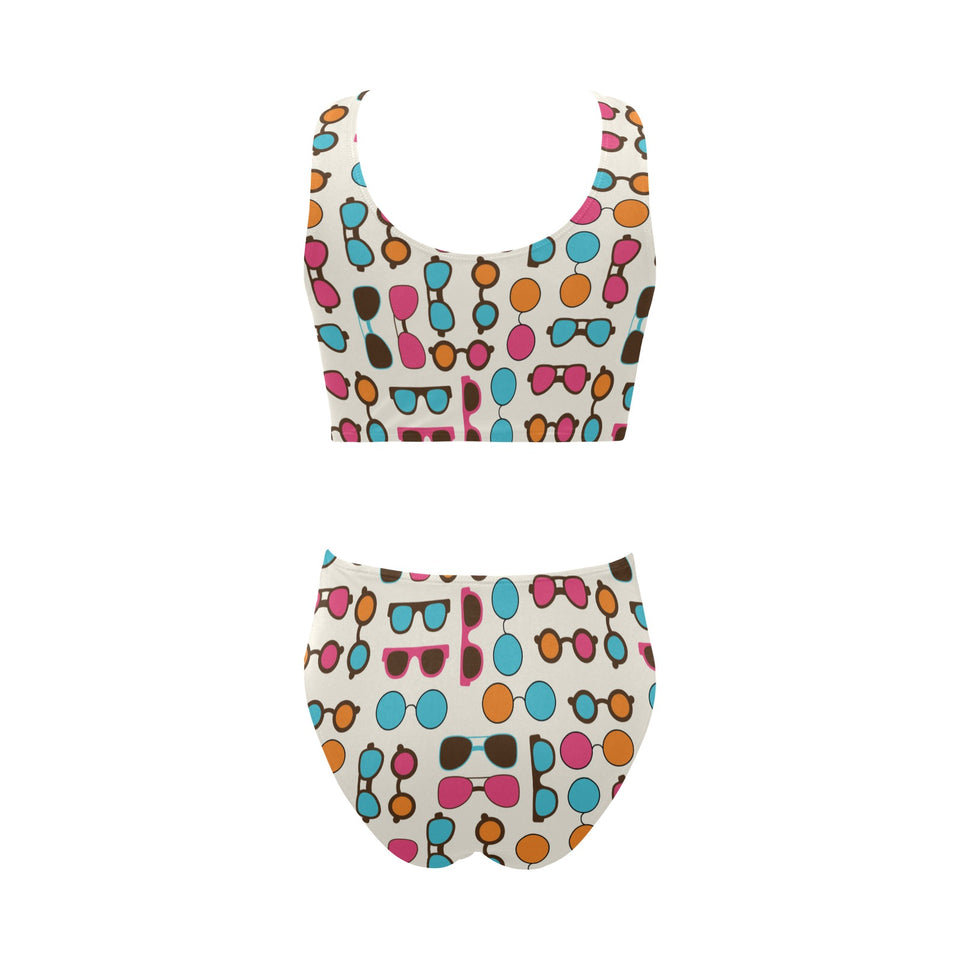 Sun Glasses Pattern Print Design 03 Chest Bowknot High Waisted Bikini Swimsuit