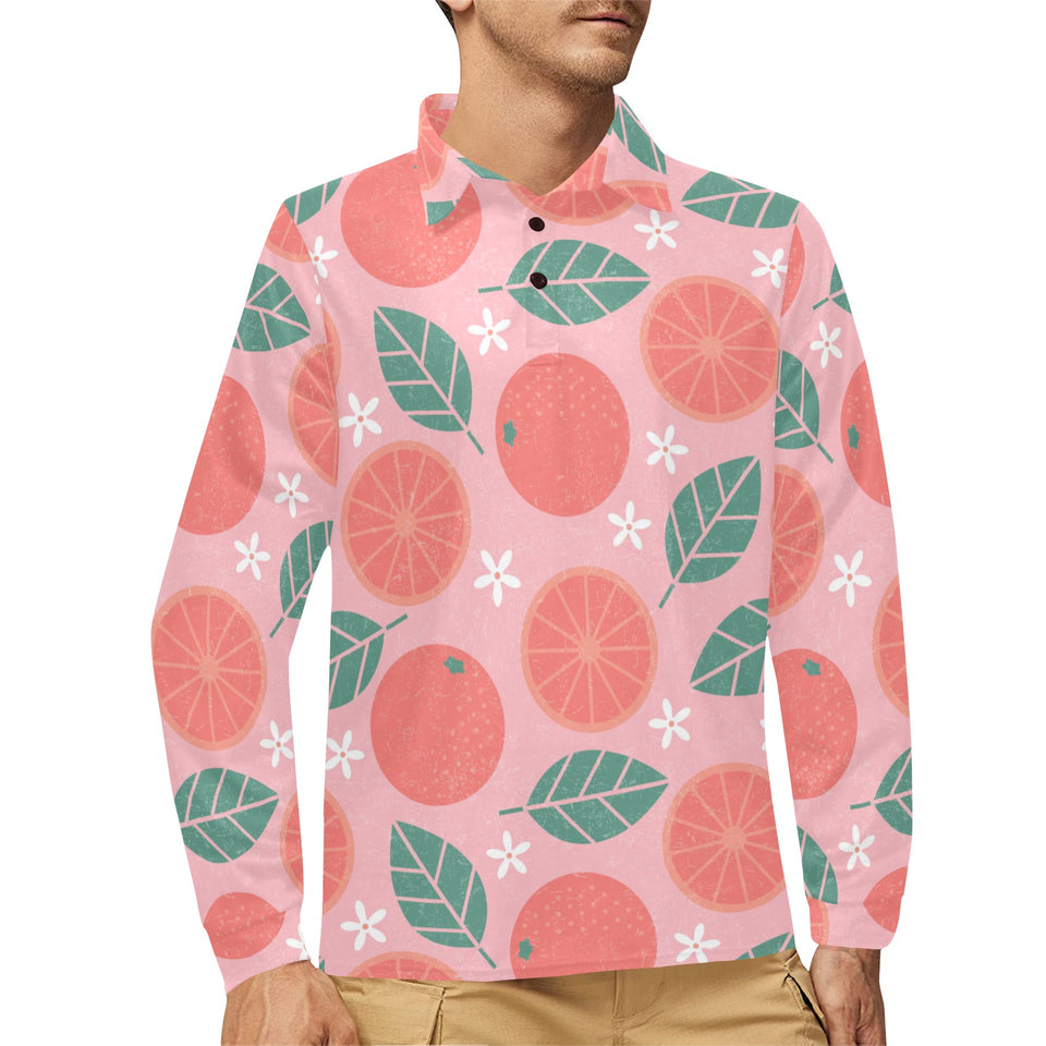 Grapefruit leaves flower pink background Men's Long Sleeve Polo Shirt