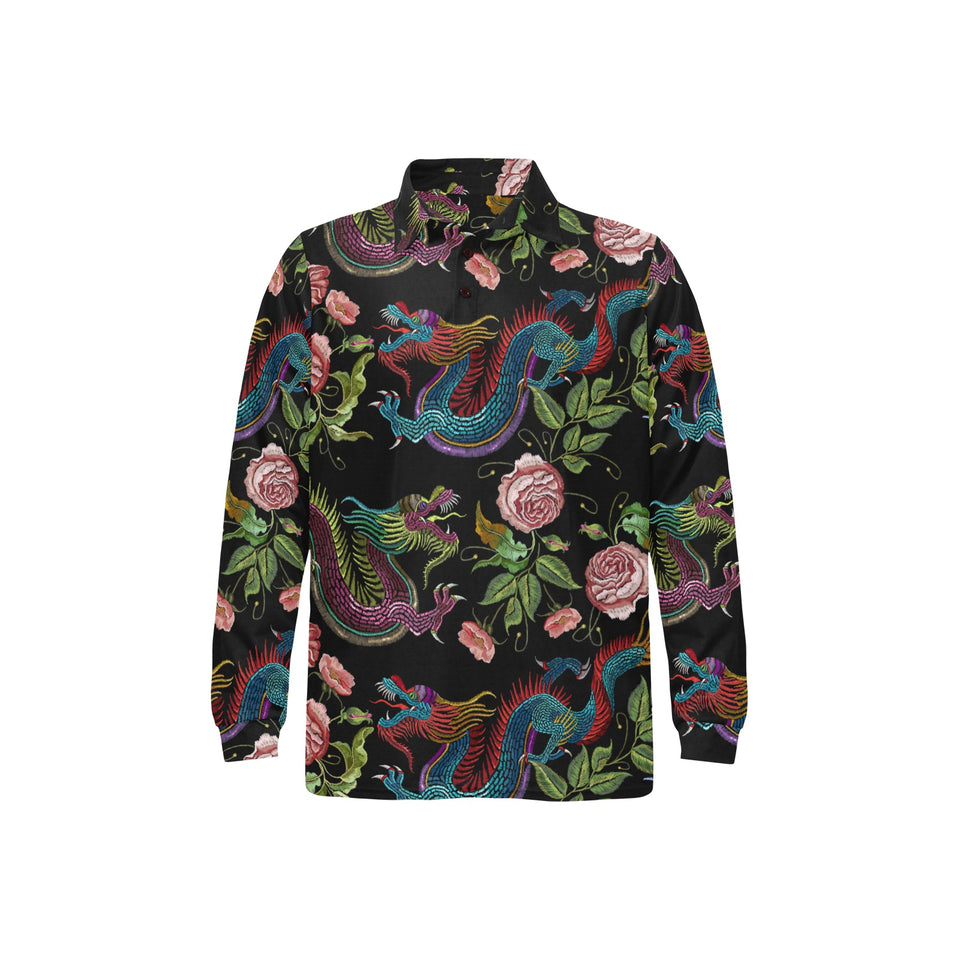 Dragons flower pattern Men's Long Sleeve Polo Shirt