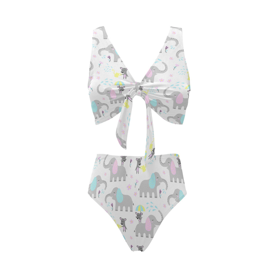 Cute elephant mouse pattern Chest Bowknot High Waisted Bikini Swimsuit