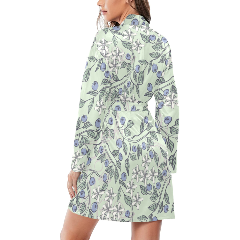 hand drawn blueberry pattern Women's Long Sleeve Belted Night Robe
