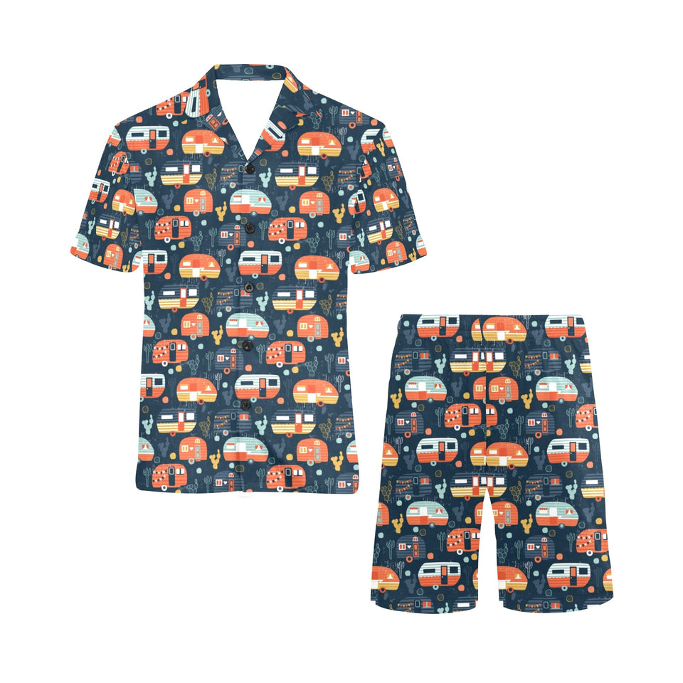 Camper Van Pattern Print Design 05 Men's V-Neck Short Pajama Set