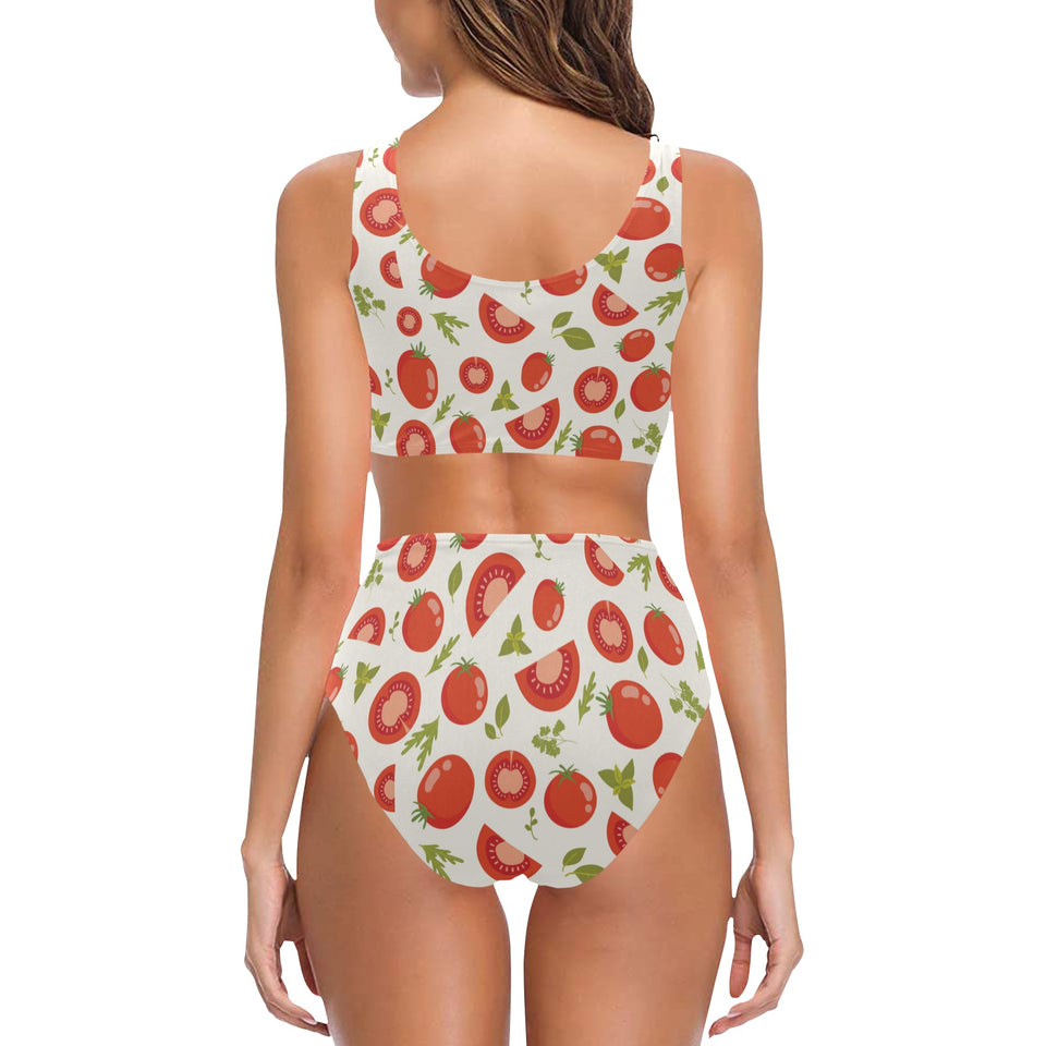 Tomato pattern Chest Bowknot High Waisted Bikini Swimsuit