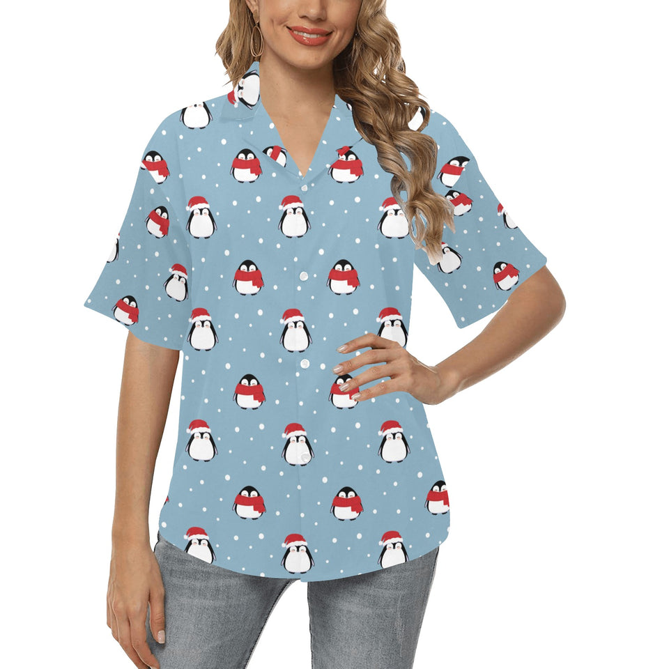 Cute penguin christmas snow pattern Women's All Over Print Hawaiian Shirt
