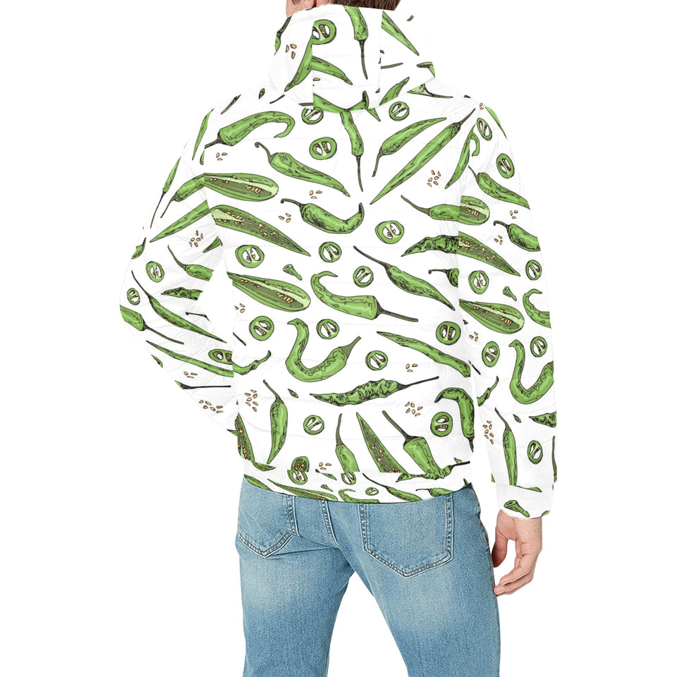 Hand drawn sketch style green Chili peppers patter Men's Padded Hooded Jacket