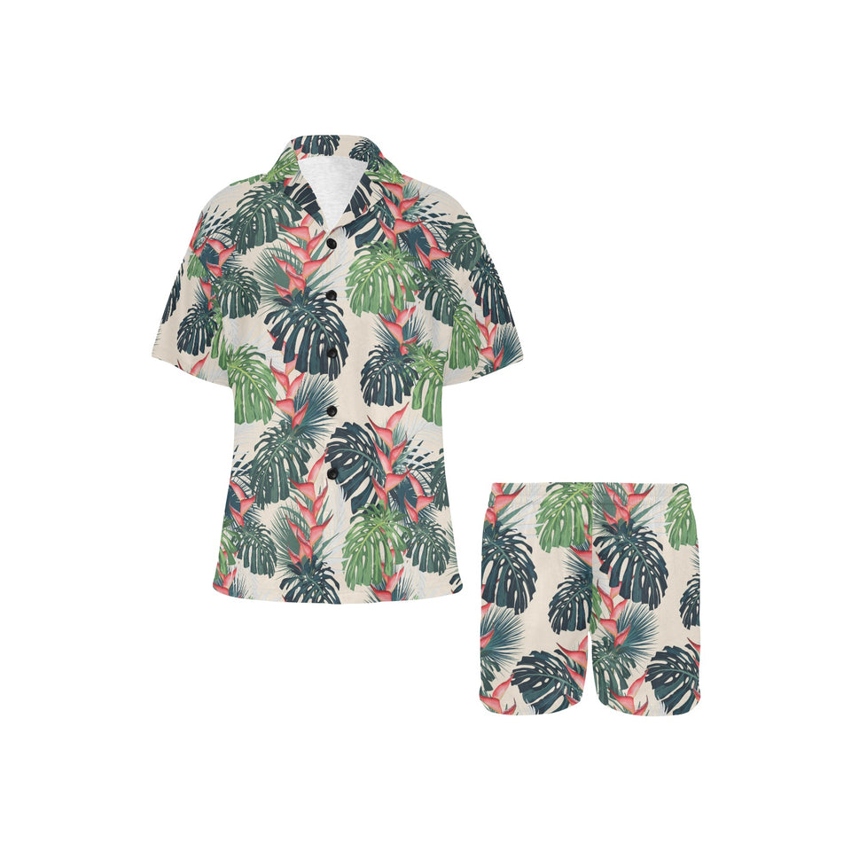 heliconia flowers, palm and monstera leaves Women's V-Neck Short Pajama Set