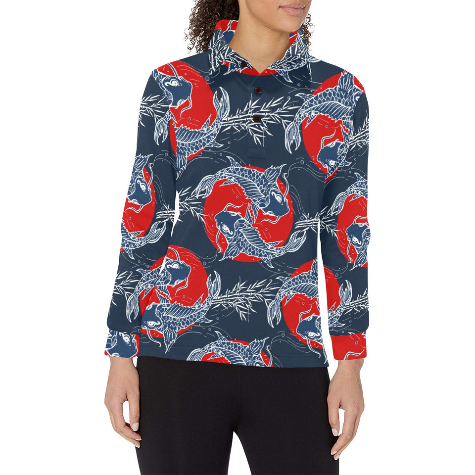 Koi Fish Carp Fishs hand drawn japanese art Women's Long Sleeve Polo Shirt