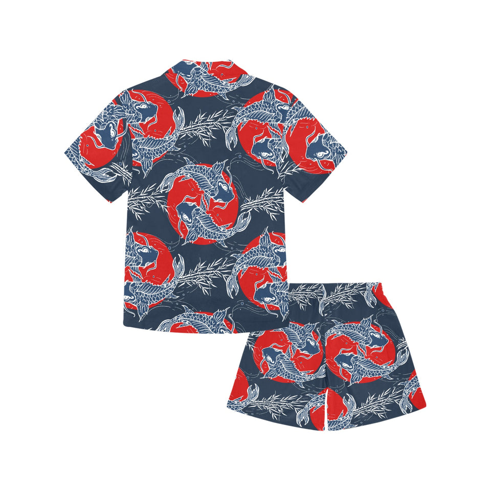 Koi Fish Carp Fishs hand drawn japanese art Kids' Boys' Girls' V-Neck Short Pajama Set