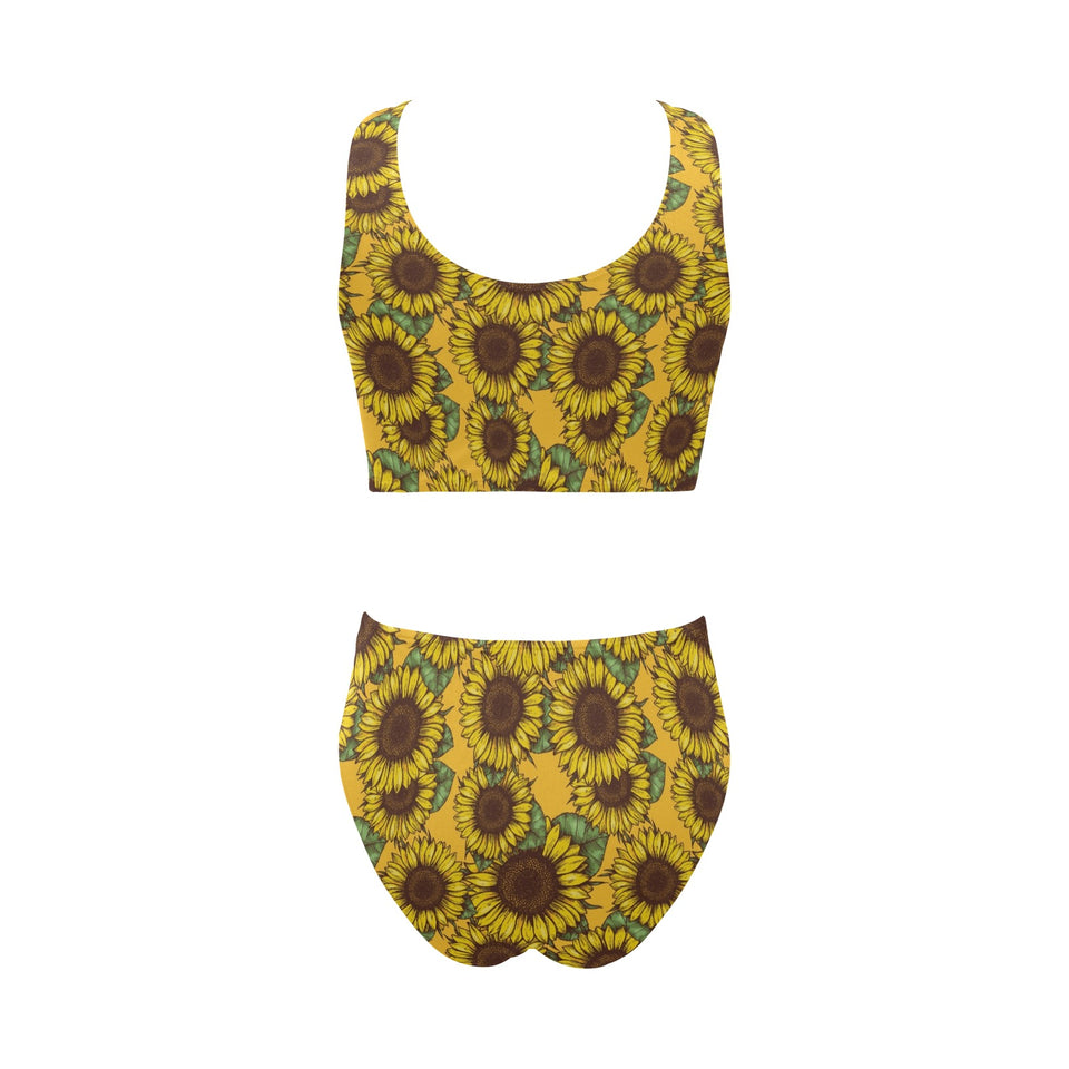 Sunflower pattern Chest Bowknot High Waisted Bikini Swimsuit
