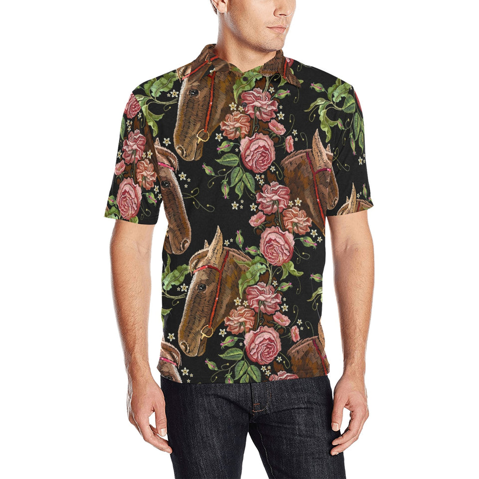 Horse head wild roses pattern Men's All Over Print Polo Shirt