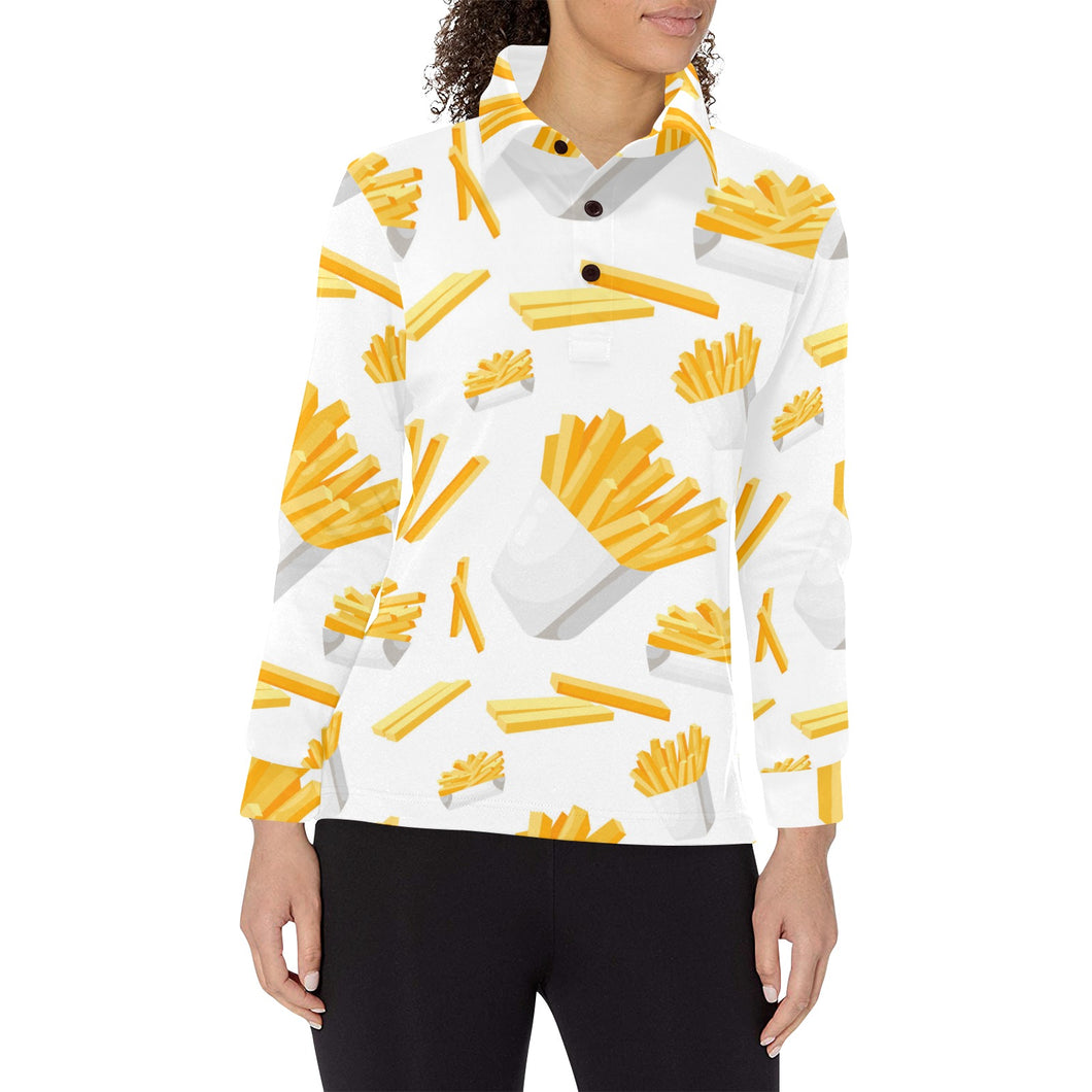 French fries white paper box pattern Women's Long Sleeve Polo Shirt