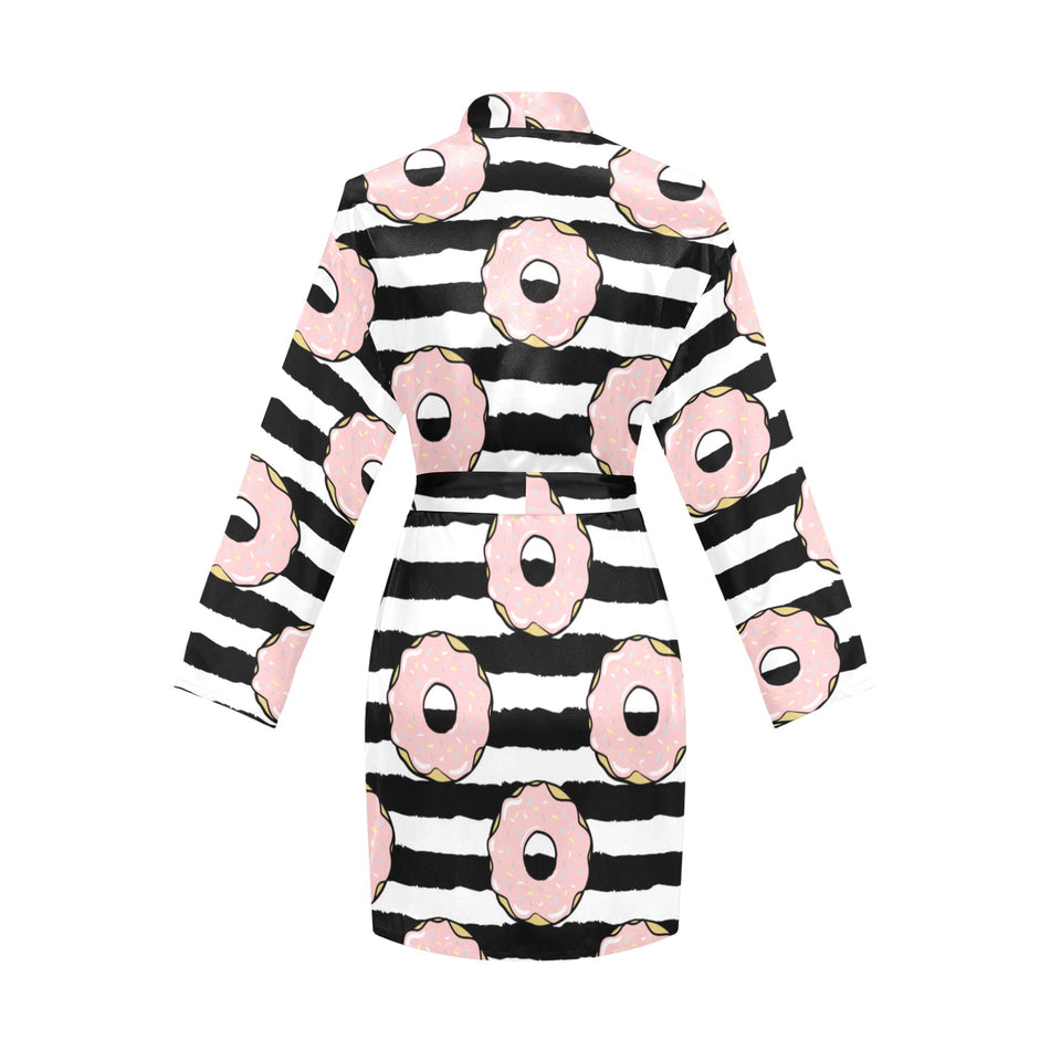 Donuts pink icing striped pattern Women's Long Sleeve Belted Night Robe