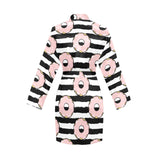 Donuts pink icing striped pattern Women's Long Sleeve Belted Night Robe