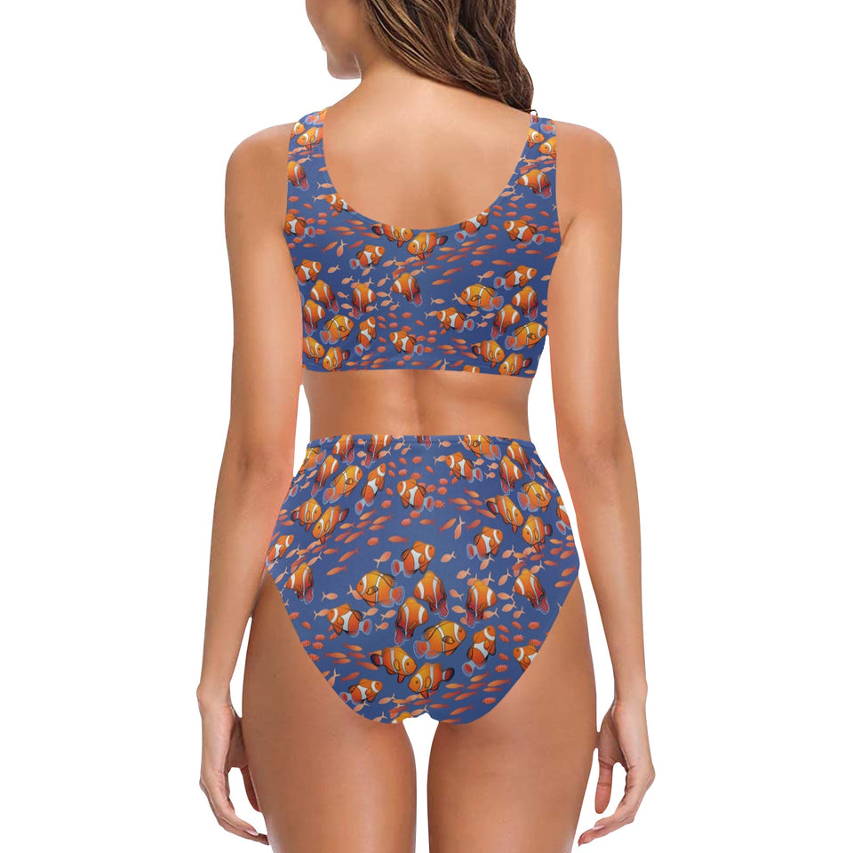Clown Fish Pattern Print Design 04 Chest Bowknot High Waisted Bikini Swimsuit