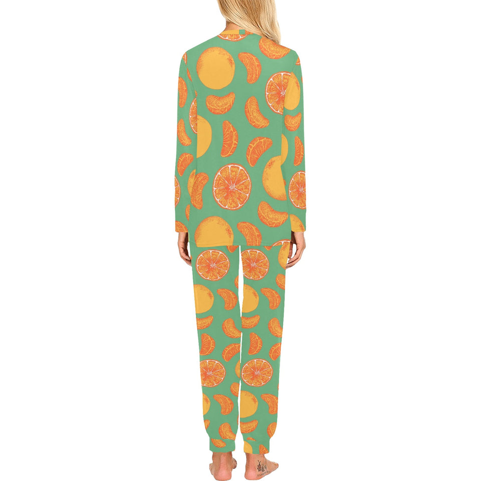 orange fruit pattern green background Women's All Over Print Pajama Set