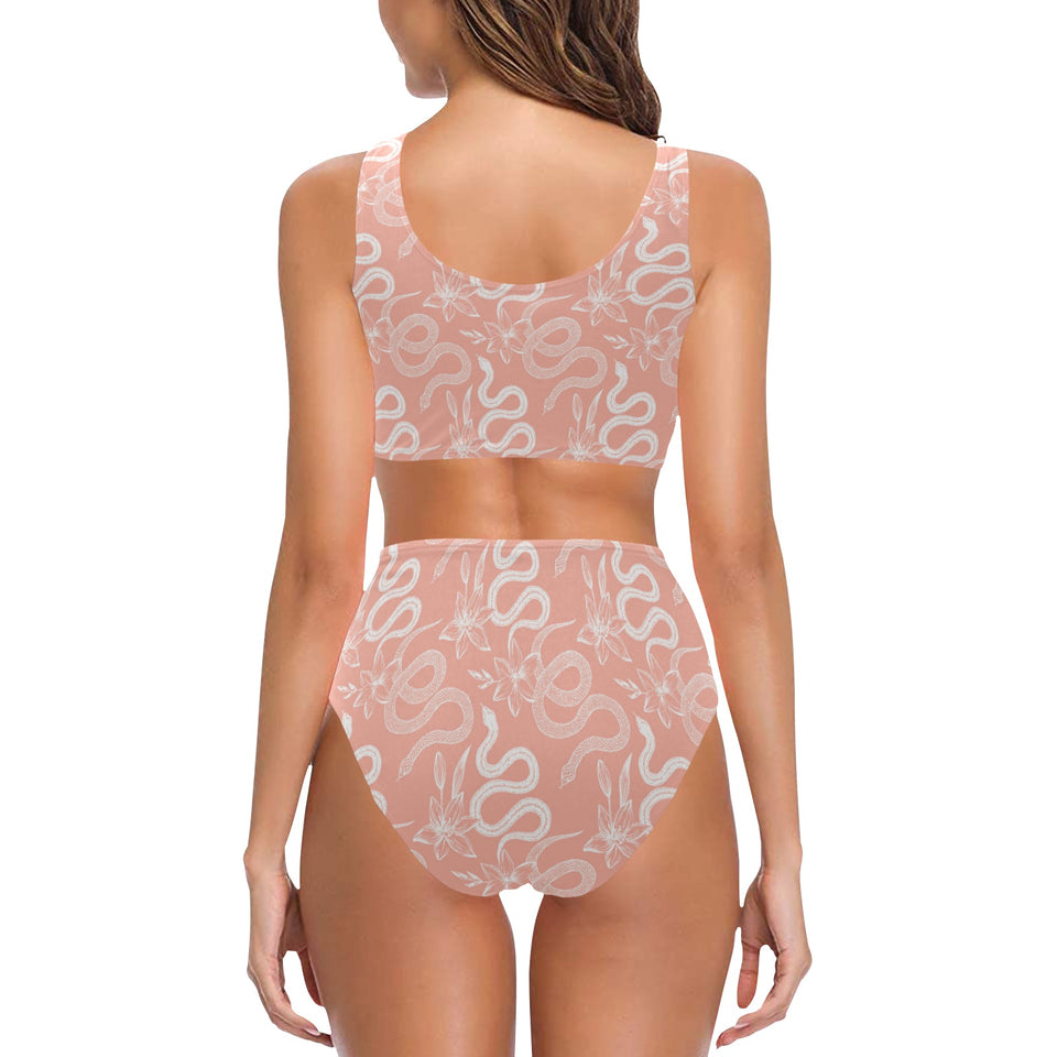 Snake lilies flower pattern Chest Bowknot High Waisted Bikini Swimsuit