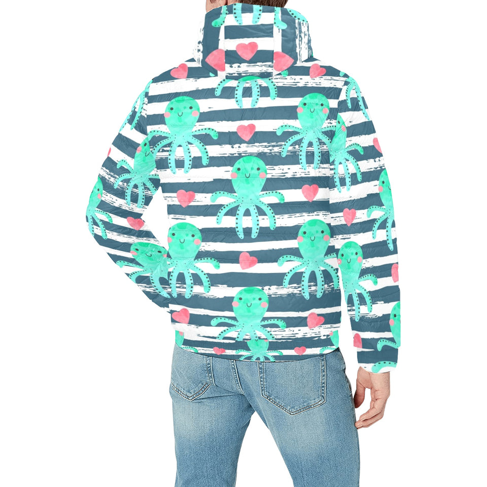 Cute octopuses heart striped background Men's Padded Hooded Jacket