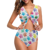 Dog Paws Pattern Print Design 01 Chest Bowknot High Waisted Bikini Swimsuit