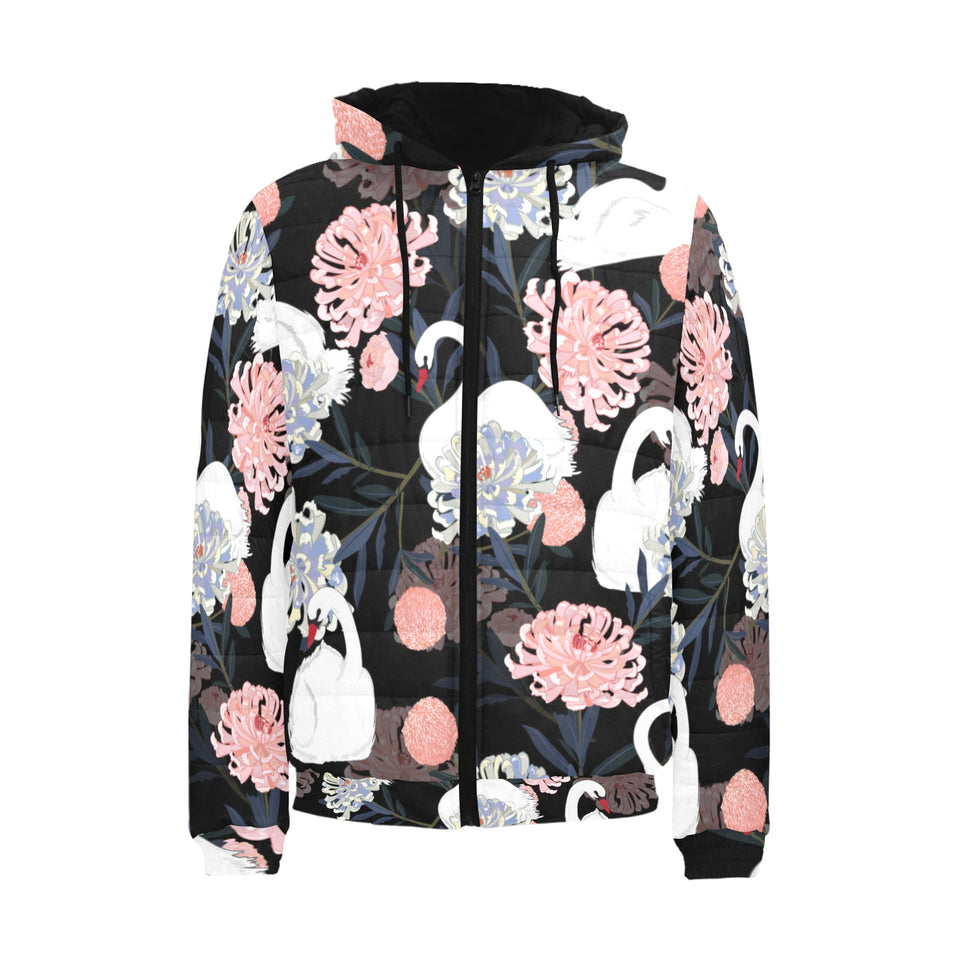 white swan blooming flower pattern Men's Padded Hooded Jacket