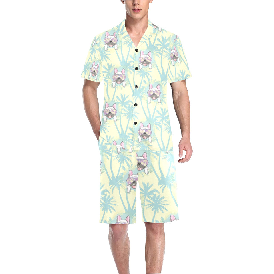 French bulldog hawaii blackground Men's V-Neck Short Pajama Set
