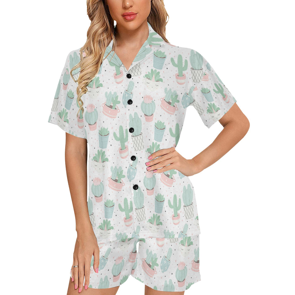 Pastel color cactus pattern Women's V-Neck Short Pajama Set