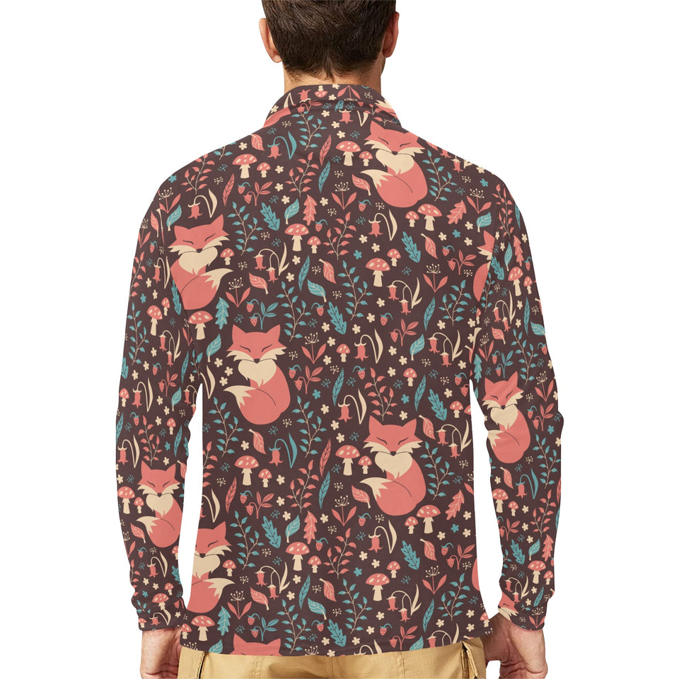 fox leaves mushroom pattern Men's Long Sleeve Polo Shirt