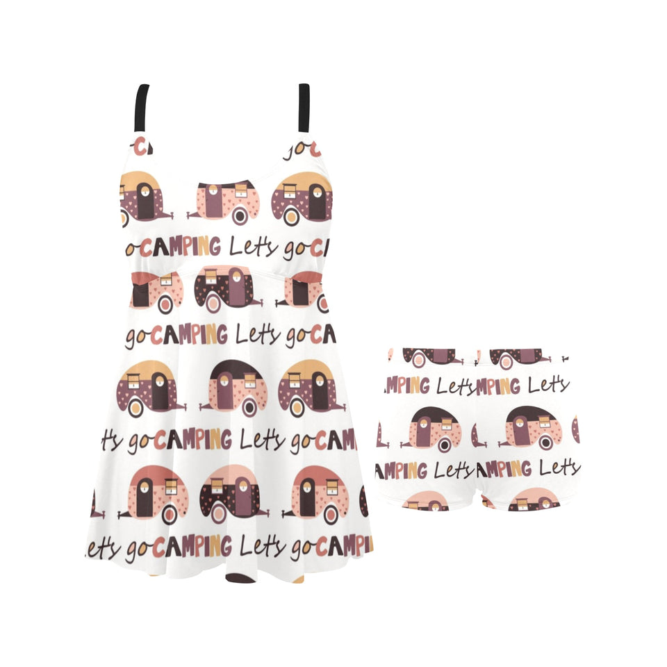 Camper Van Pattern Print Design 01 Chest Sexy Pleated Two Piece Swim Dress