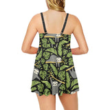 Cute sloths tropical palm leaves black background Chest Sexy Pleated Two Piece Swim Dress